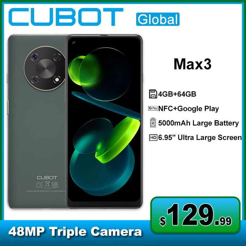 

Cubot MAX 3 Smartphone 5000mAh Battery 6.95" Large Display Android 11 OS 4GB + 64GB Cellphone 48MP Rear Camera NFC OTG Phone