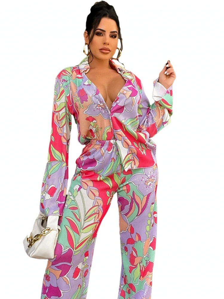 

Women's Pleated Set Floral Elegant Casual Long Sleeve Blouses With High Waist Pants Set Female Loose Shirts Two Piece Pant Set