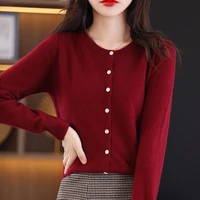 2022 new spring and autumn womens round neck korean fashion solid color wool knitted cardigan tops for outer wear