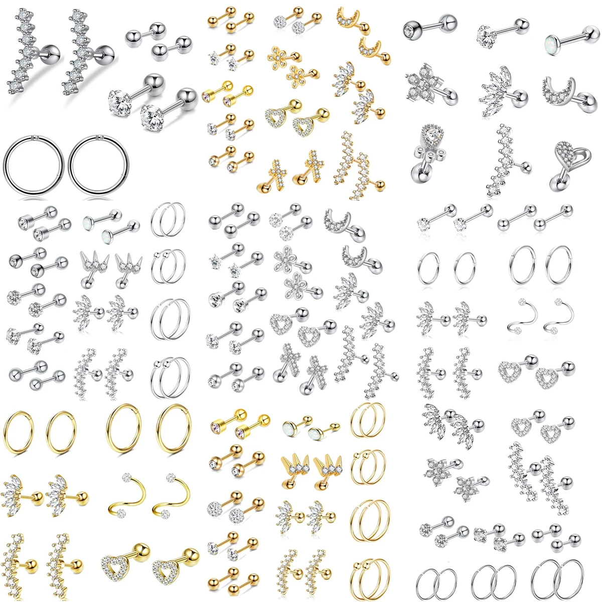 

Комплект серег-колец из нержавеющей стали с фианитами, 24/36 шт.