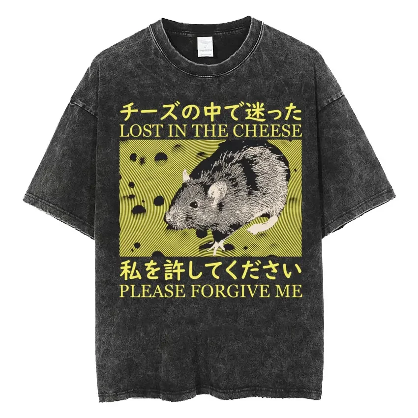 Lost in The Cheese Please Forgive Me Mouse Meme T-shirt Funny Japanese Style Rat Vintage Washed T Shirts Men's Oversized Tshirt