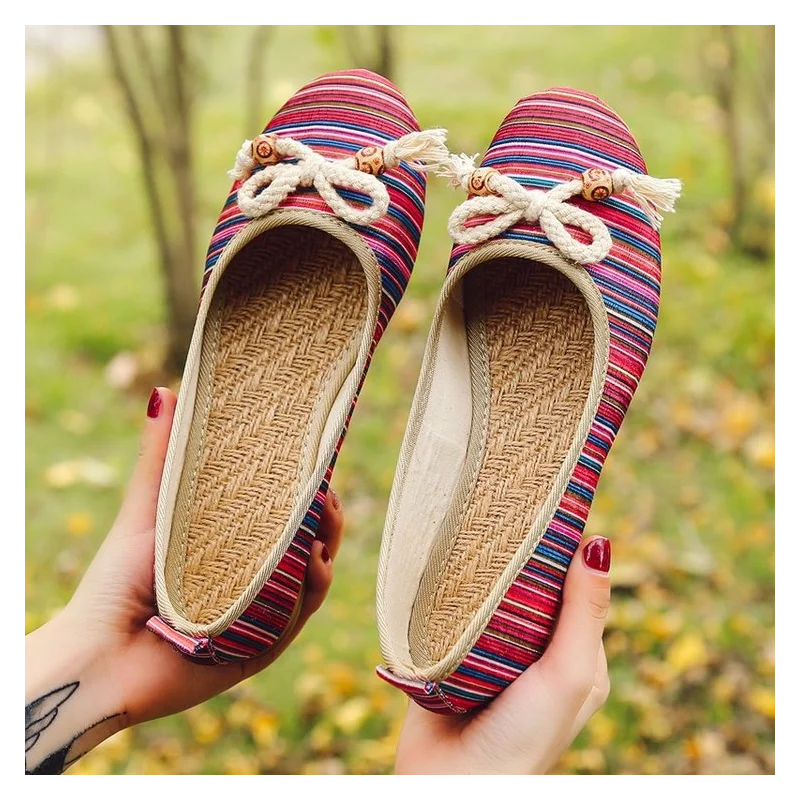 

Женские туфли с бантом, этнические тканевые туфли в полоску, с закрытым носком, плоская подошва, однотонные