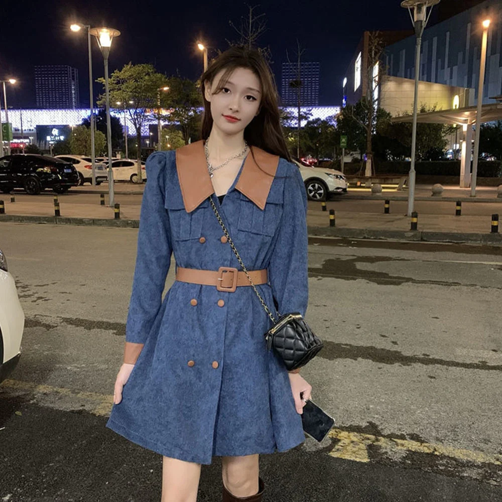 

Spring Corduroy Lapel Women's Dress Autumn 2022 New PU Leather Splice With Belt Temperament Long Sleeve Mini Short Dresses Mujer