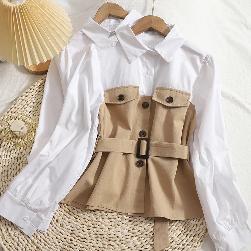 

2022 spring new Korean waist breasted buckle all-match self-cultivation top stitching fake 2 color contrast shirts for women