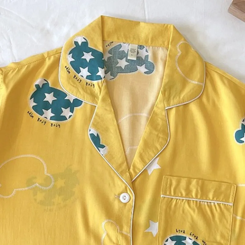 Ladies Sleepcoat Spring Autumn Cotton Silk Short Sleeve Cardigan Trousers Women Lounge Pajamas Set