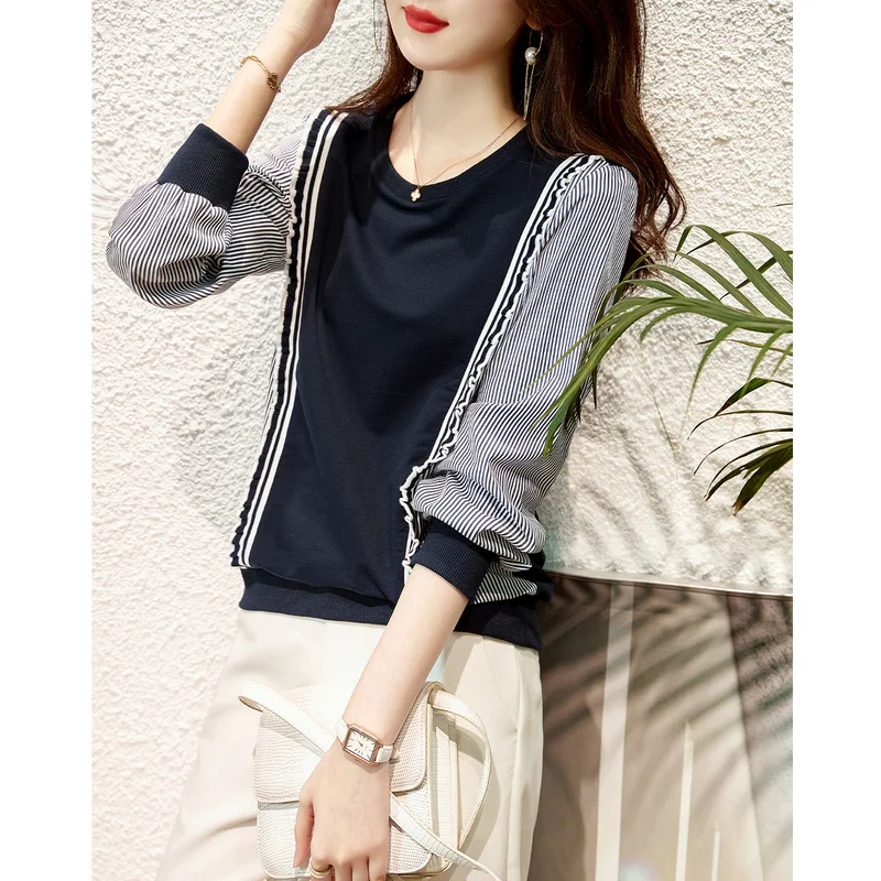 

Stripe Loose Women Sweatshirt Patchwork Pullover Autumn Large Size Long Sleeve Fashion Casual O-Neck Female New Korean Clothing