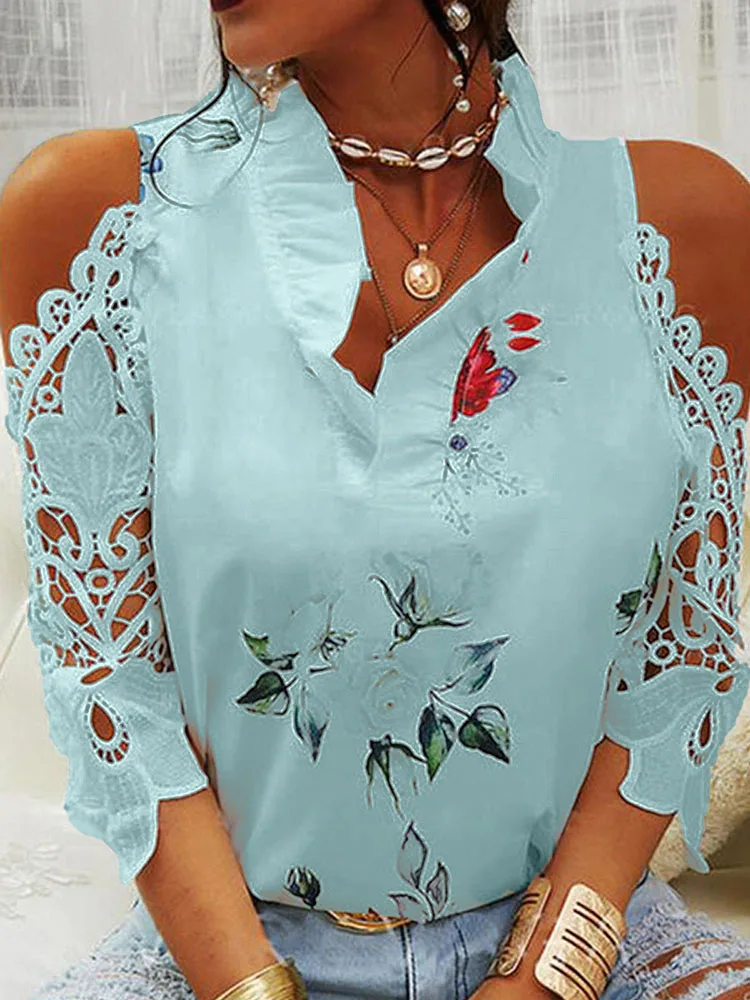 

Spring/summer new women's blouse flower printed off-the-shoulder lace stitching long-sleeve T-shirt