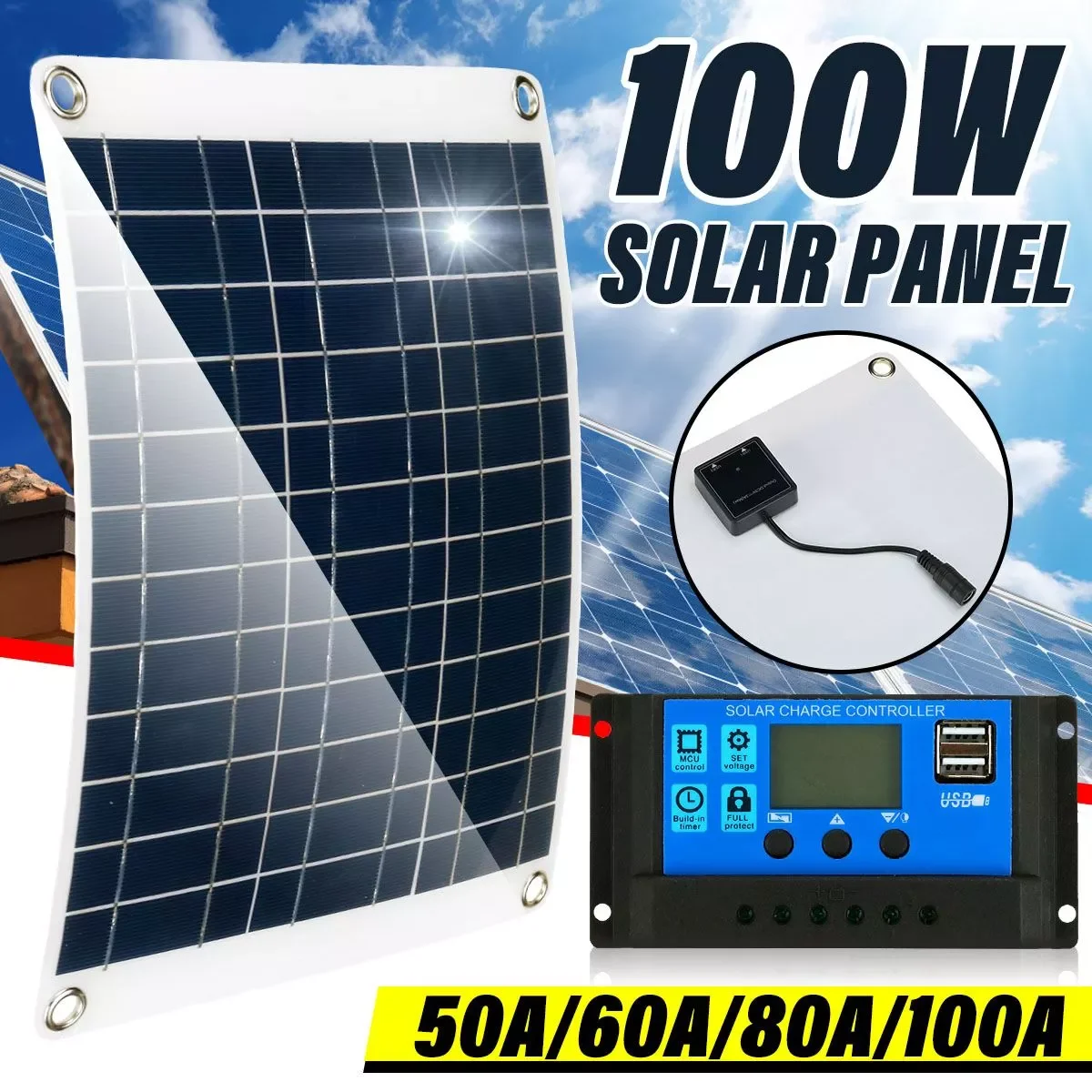 

2023New 100W Semi-Flexible Solar Panel Kit With 50A/60A/80A/100A Solar Controller Solar Cells for Car Yacht RV 12V/5V Battery Ch