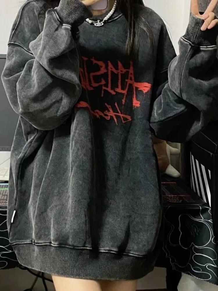 

Emo Gothic Print Oversized Sweatshirts Women Harajuku Vintage Loose Hoodies Long Sleeve Crewneck Pullovers Female Tops