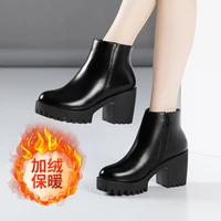 plus size 32 43 block heel platform boots ladies ankle boots leather 2021 fall winter high heels boots women shoes fur plush