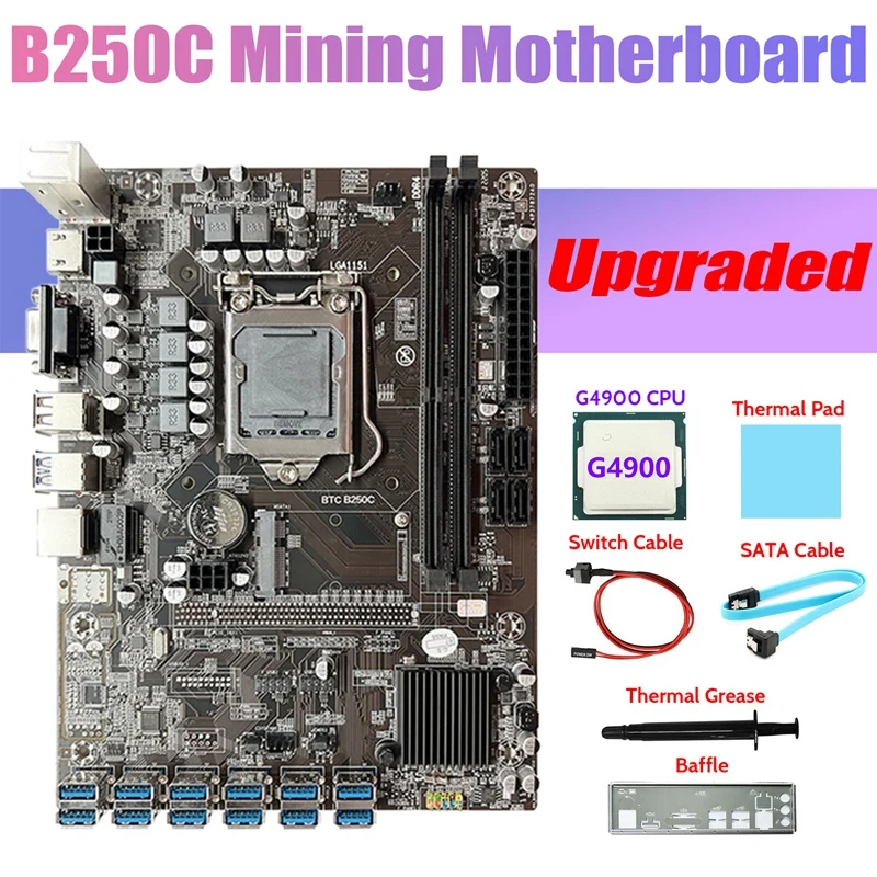 B250C ETH Miner Motherboard+G4900 CPU+Baffle+SATA Cable+Switch Cable+Thermal Grease+Thermal Pad LGA1151 12USB GPU Slot