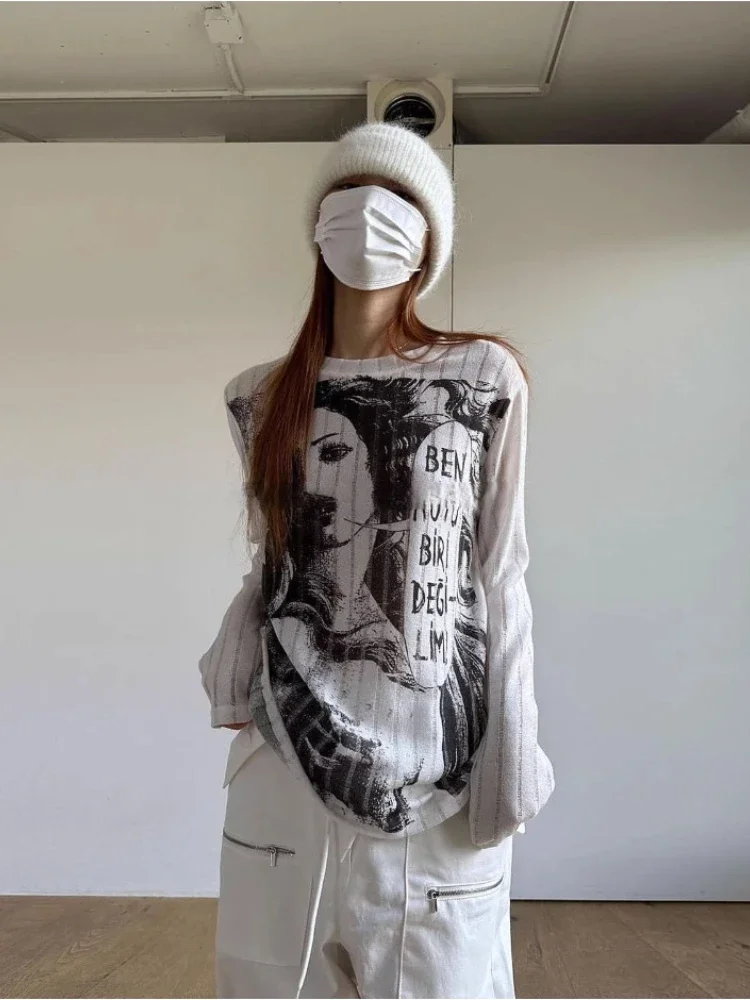 

HOUZHOU Aesthetic Graphic White T-shirts Women Grunge Y2k Knit Long Sleeve Tees Vintage Hollow Out Korean Streetwear Oversized