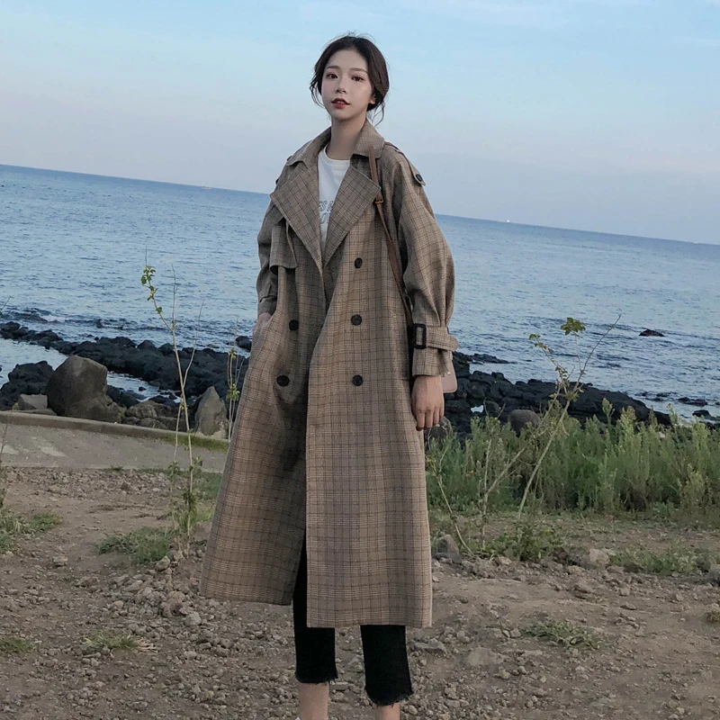 

Korean Style Ladies Trench Coat Plaid Long Double Breasted Belted Oversize Loose Women Duster Coat Outerwear with Storm Flaps