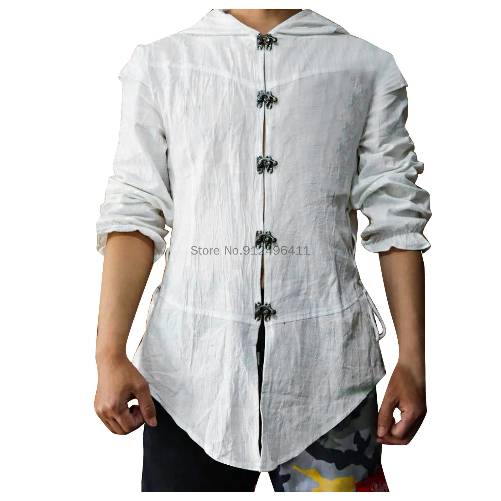 

M-4XL Men Fashionable Cotton Linen Shirt Solid Color Ethnic Mental Button Hooded Shirt Top Medieval Beach Streetwear Tops