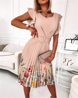 ladies summer 2022 hot new casual round neck flounces floral print dress commuter ruffles elegant waist in pleated skirt 4a038