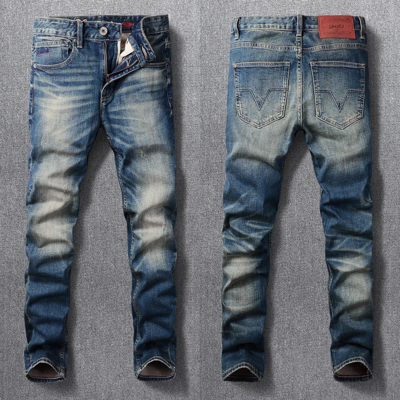 Italian Style Fashion Men Jeans Retro Blue High Quality Elastic Slim Fit Ripped Jeans Men Trousers Vintage Designer Pants Hombre