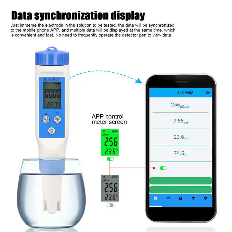 

BLE-9909 5-in-1 Water Testing Meter Bluetooth5.2 PH TDS EC SALT TEMP APP Control Smart Test Pen for Swimming Pool Fish Tanks