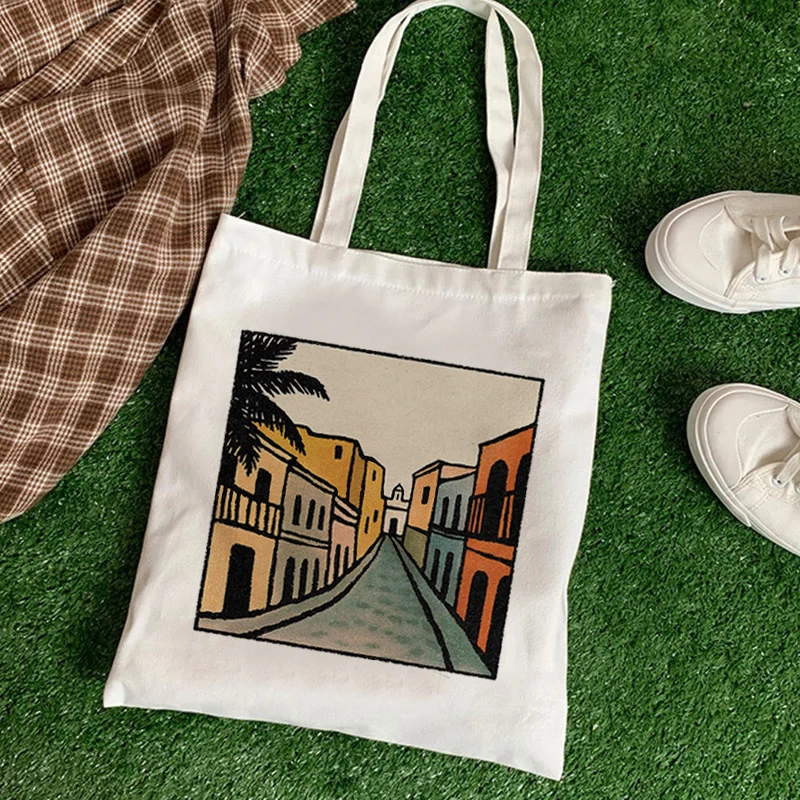 

Beach Tote Shoulder Bag Shoppers Bags White Eco Handbags Summer Linen Febric Art Aesthetic Cartoon Harajuku Teacher Handbag