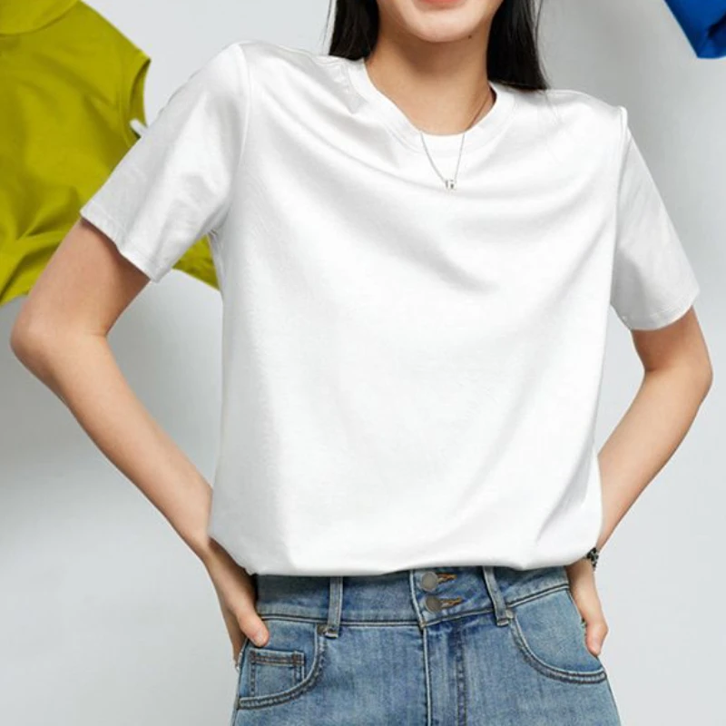 

HOUZHOU Satin T-shirt Women Old Money Style Mercerized Cotton Casual O-Neck Solid Short Sleeve Tee Korean T-shirt Office Lady