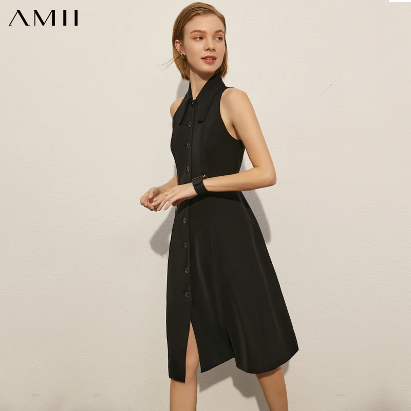 

Amii Minimalism Women's Dresses High Waist Sleeveless Black Dresses For Women New Summer Dress Female Beach Party Dress 12180018