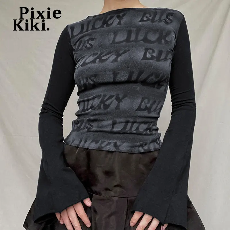 

Футболки PixieKiki Trashy Y2k с рисунком, футболки с длинным рукавом, черная одежда для женщин, женская уличная одежда, Короткие топы