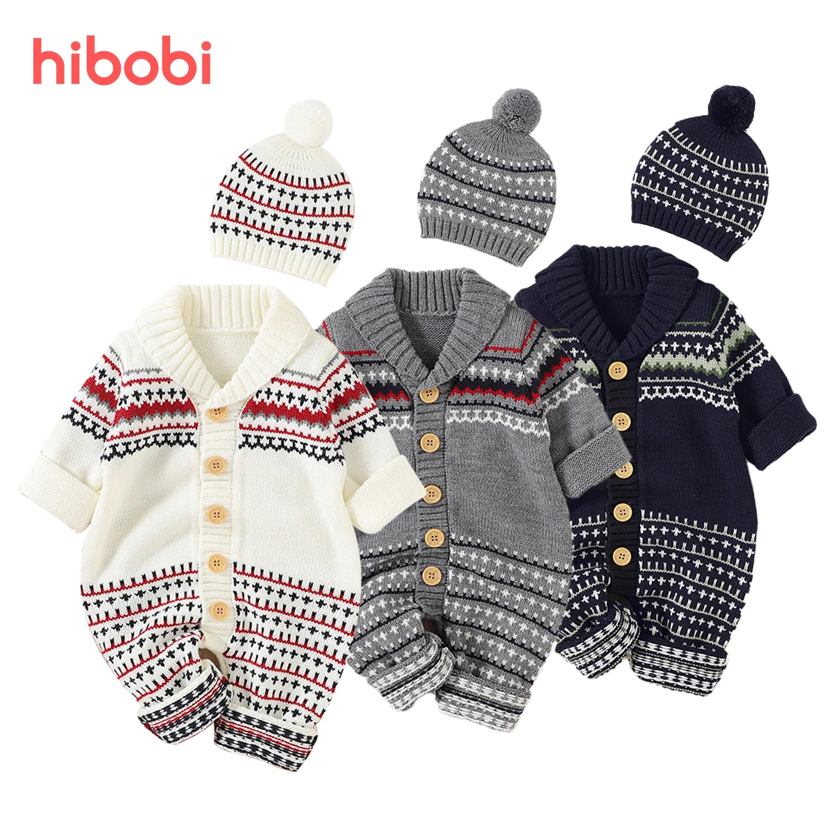 

hibobi 2pcs Infant Baby Romper Knitted Long Sleeve Jumpsuit with Hat For Newborn One-piece Baby Outfit Set Winter Baby Clothes