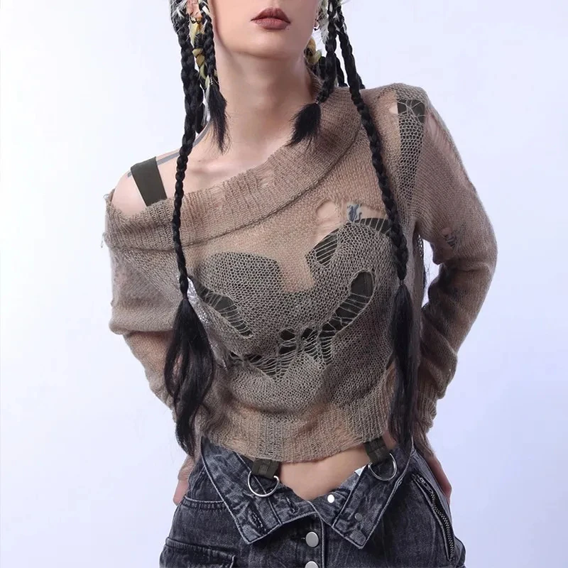 

Autumn Grunge Aesthetics Distressed Pullover Cyber Y2k Knitted Jumpers Wasteland Punk Style Hollow Out Hole Broken Goth Sweater