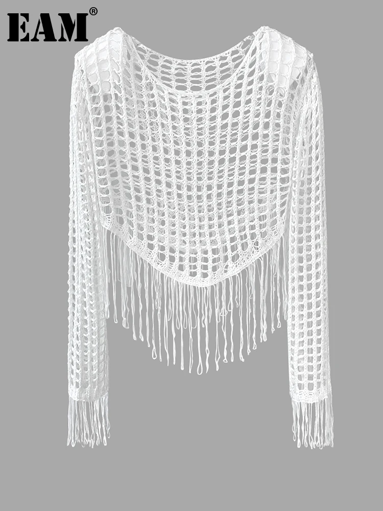 

[EAM] Women White Holllow Out Tassels Knitting T-shirt New Round Neck Long Sleeve Fashion Tide Spring Autumn 2022 1DF0273
