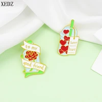 xedz sweet heart milk tea cup enamel brooch to my good friend rose glass bottle lapel pin fasion jewellery valentines day gift