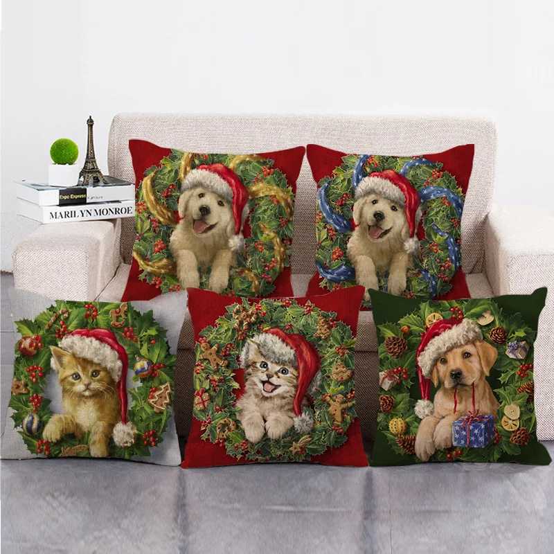 

Pets Printed Christmas Pillow Covers 18x18 Inches Cats Dogs Cushion Cover Holiday Decorative Gifts Square Linen Throw Pillowcase