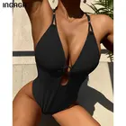 INGAGA сексуальный слитный купальник с V-образным вырезом, черный купальник, женский боди с перекрестными лямками, купальный костюм с открытой спиной, пляжная одежда с кольцами