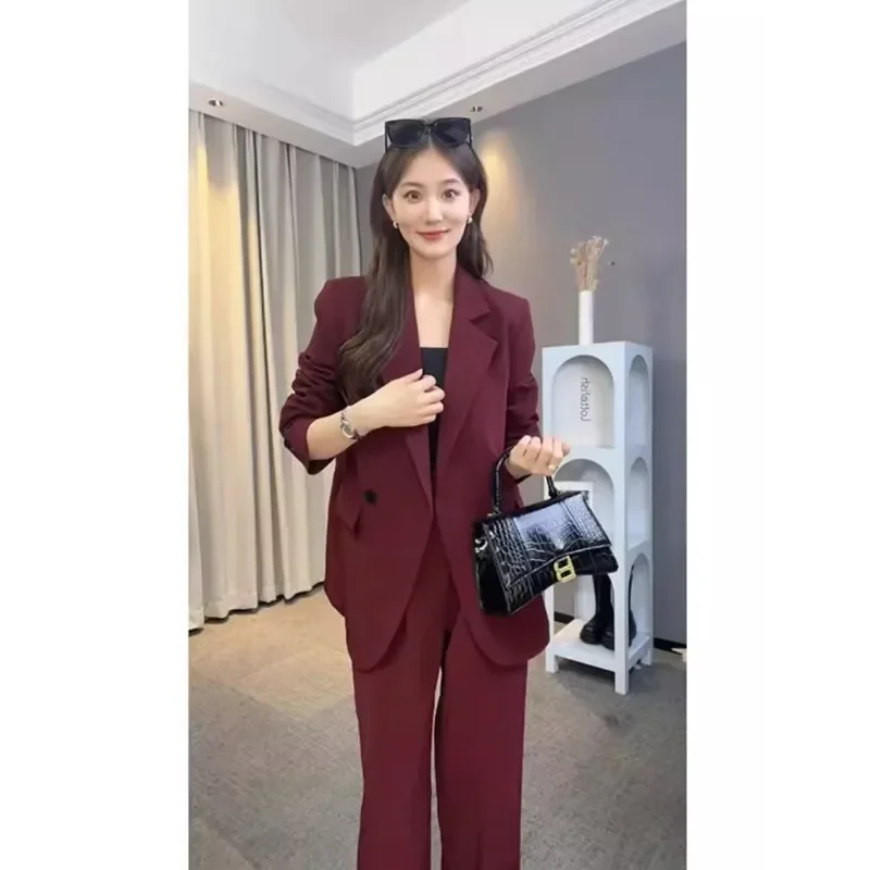 Осень 2024 новый высококачественный офисный стиль красный пиджак и длинные брюки