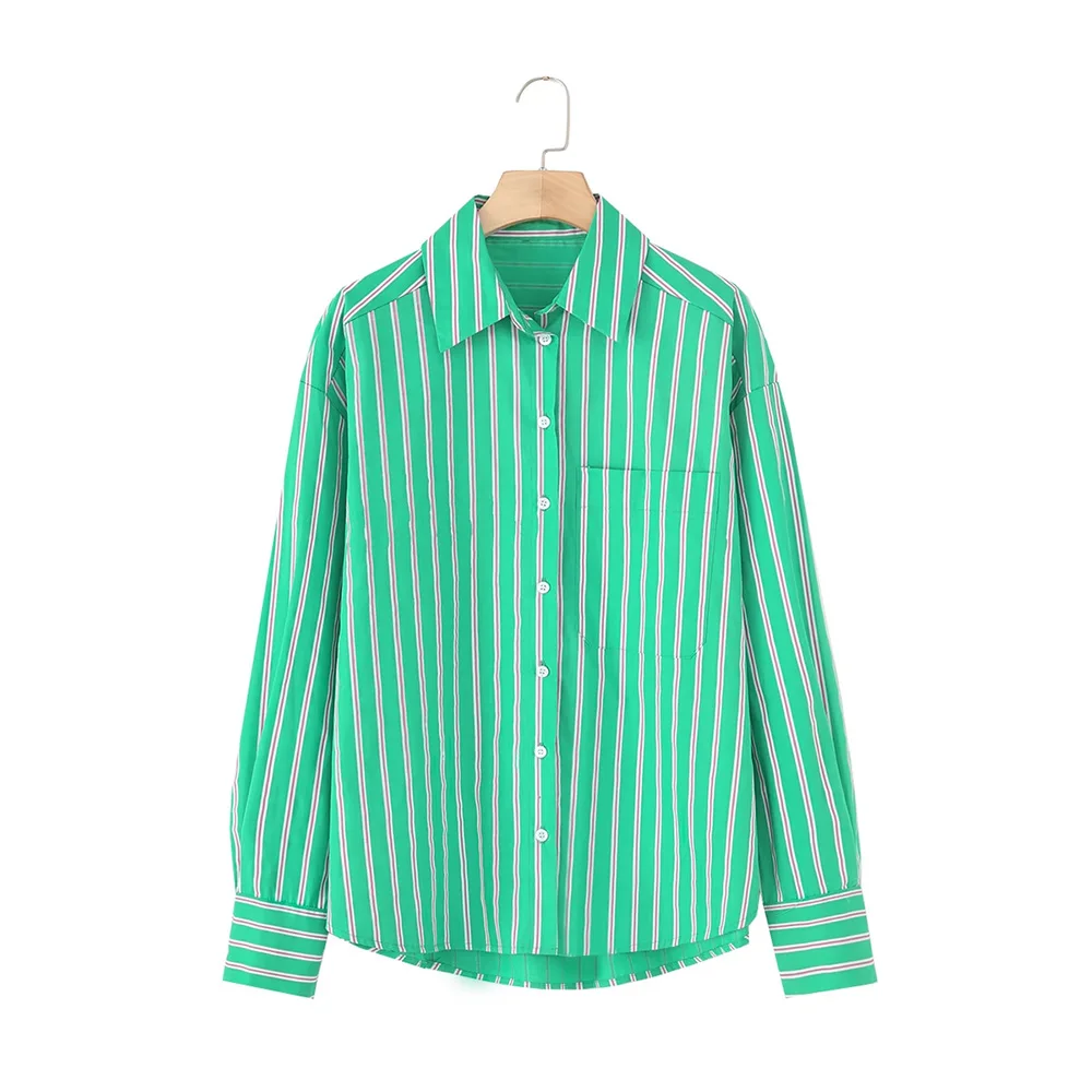 Коллекция ZATT Осень 2024 Женская Хлопковая Полосатая Рубашка Офисная Свободный