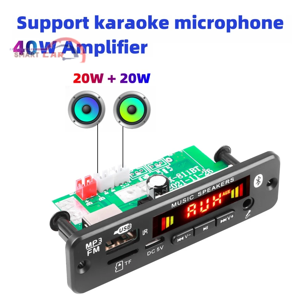 

2*20W Stereo Bluetooth 5.0 MP3 Player Decoder Board 12V 40W Amplifier Car FM Radio Module Handsfree TF USB AUX WMA Recorders