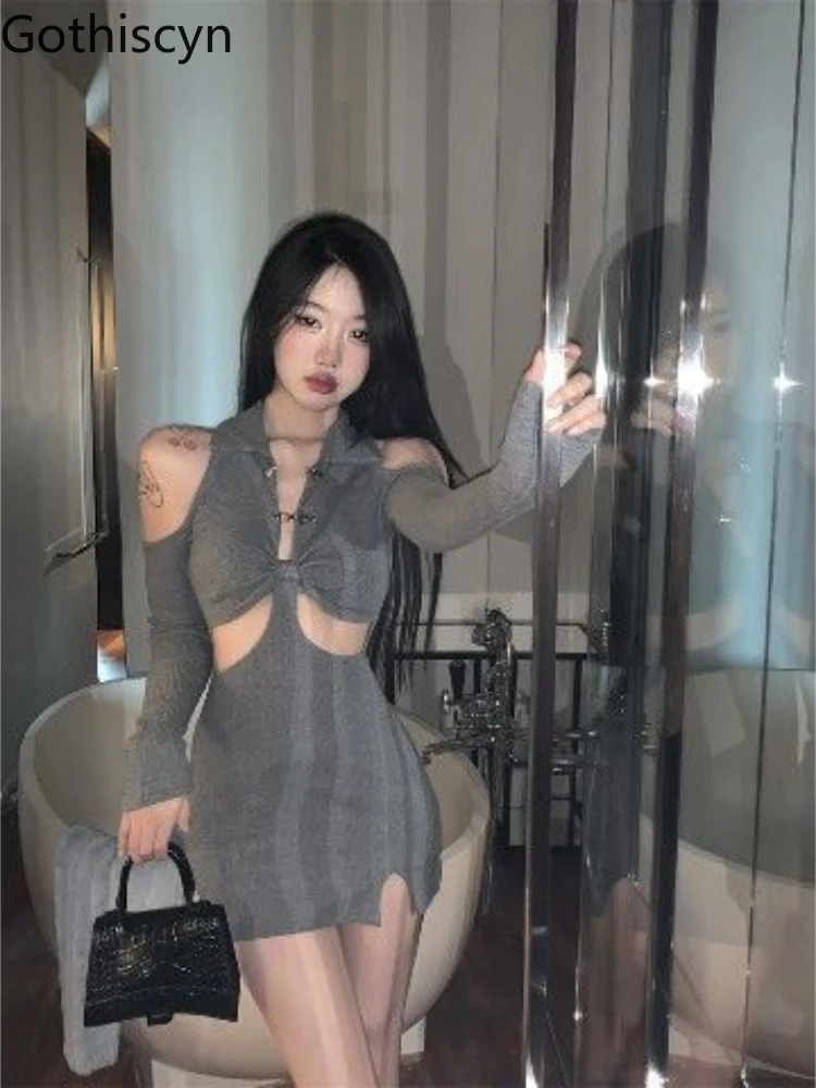 

Серое платье с воротником-поло, облегающие платья с вырезами на бедрах, новинка 2022 года, весенне-летний сексуальный элегантный шикарный мод...