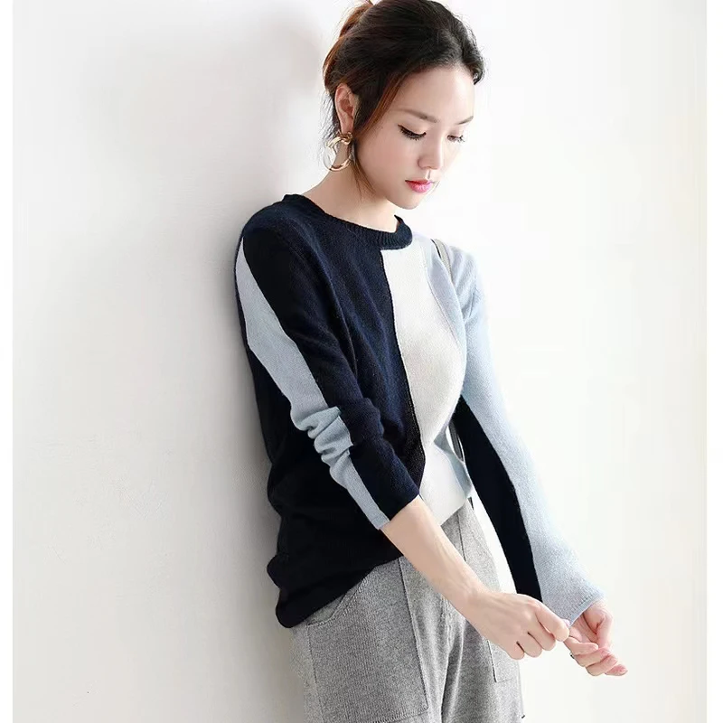 Counter Shopping Mall Withdrawal Clearance Leak-Picking Overplus Order Women clothes Small round Neck Contrast Color Knit Gen...