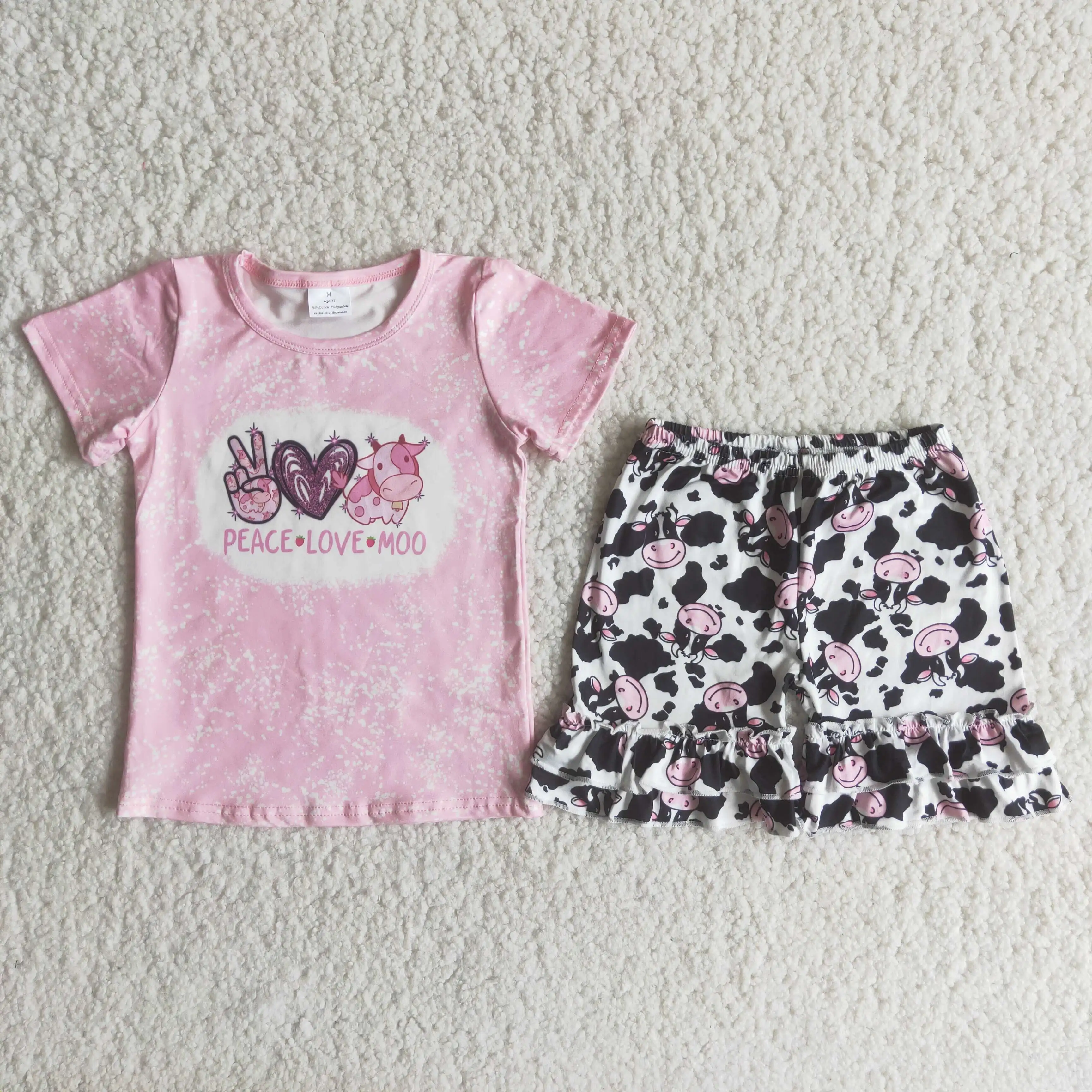

Hot​ Sale RTS Kids Cow Print Outfits Toddler Baby Ruffle Clothes Children Fancy Summer Sets