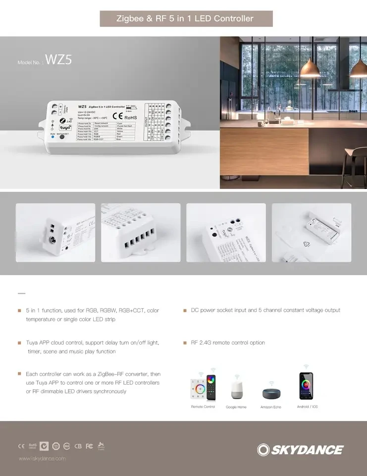Фото Skydance TUYA Zigbee WZ5 Smart Led Controller 2.4G RF Remote DC12V 24V DIM RGB CCT RGBW RGBWW RGBCW Strip Голосовое управление Google №2