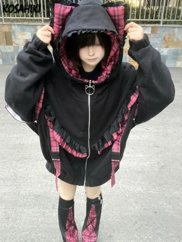 Y2k Эстетические кружевные клетчатые толстовки с рюшами толстые женская уличная