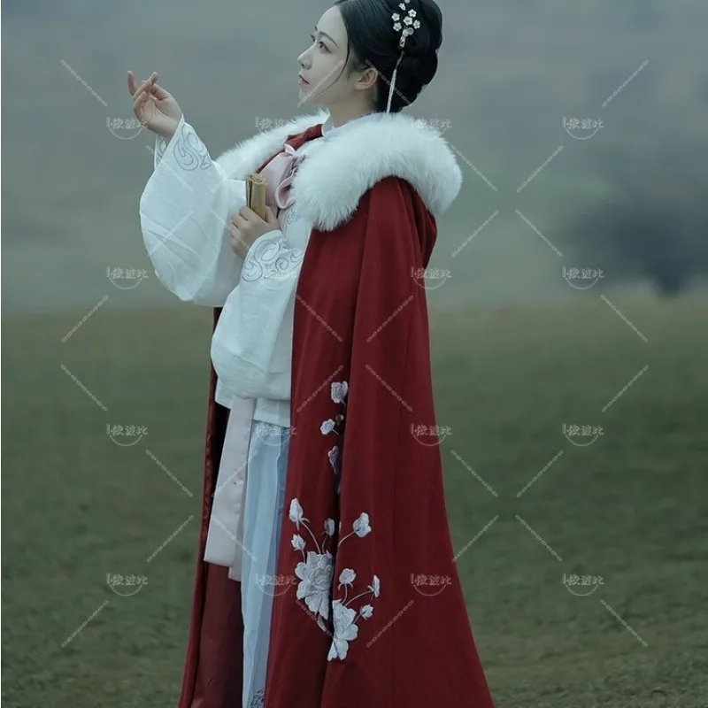 Женская накидка Hanfu с меховым воротником длинное толстое пальто в китайском