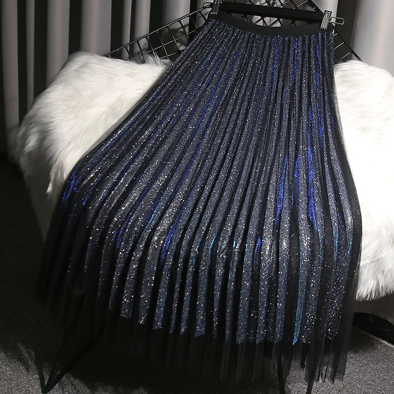 

Women 2022 Spring Autumn High Waist Mesh Midi Long Skirt Female Casual Pleated Midi Tulle Skirts Ladies Sweet Fairy Skirt E35