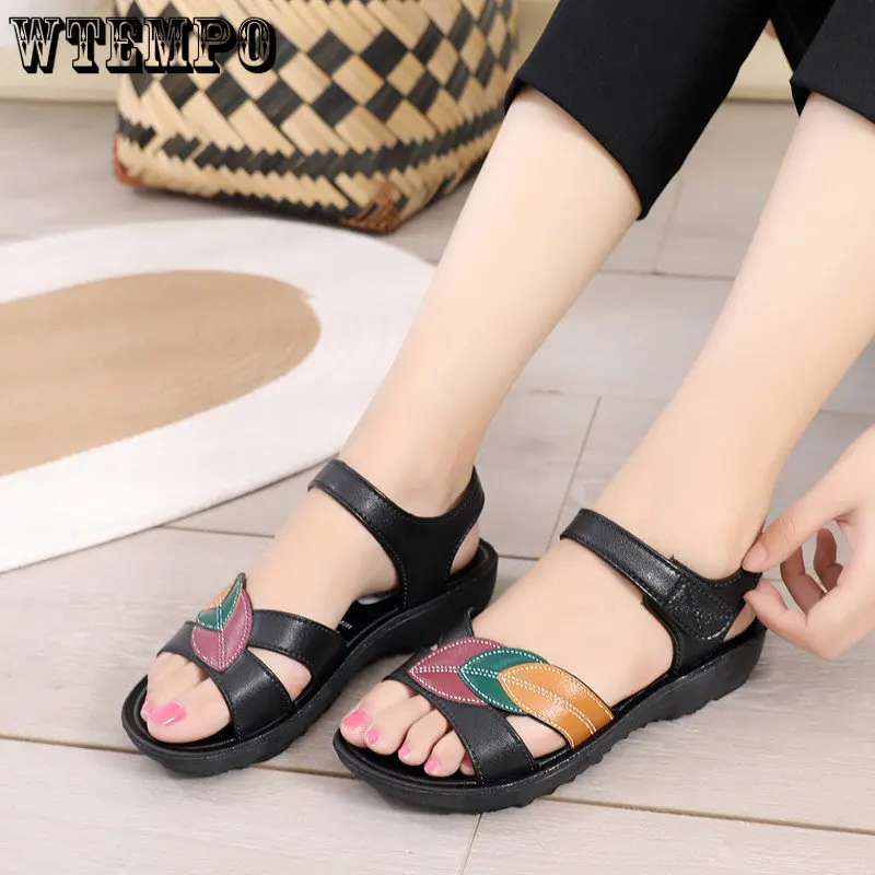 

WTEMPO Women Sandal Flat Sandalias Leather Wedges Shoes Summer Ladies Beach Slippers Breathable Soft Sandalen Dropshipping