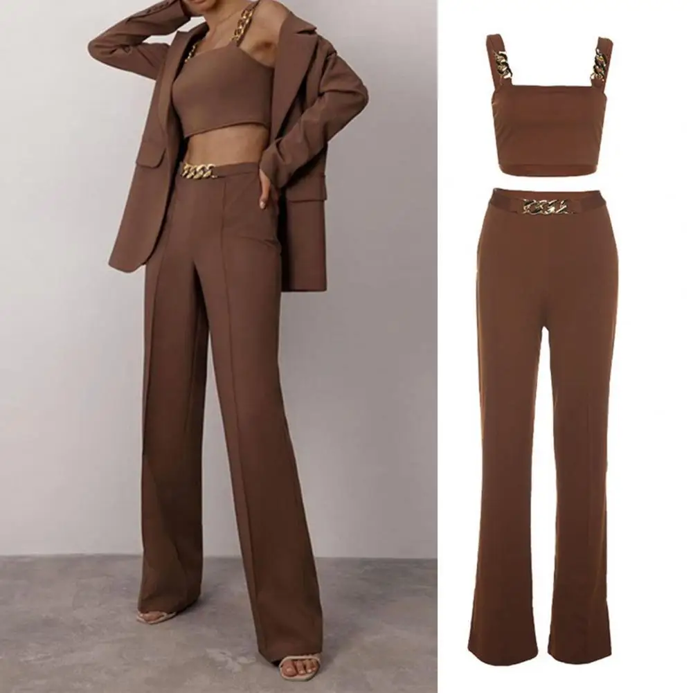 

2Pcs/Set Cami Top Pants Metal Chain Off Shoulder Summer Slim-fitting Straight Outfit for Office
