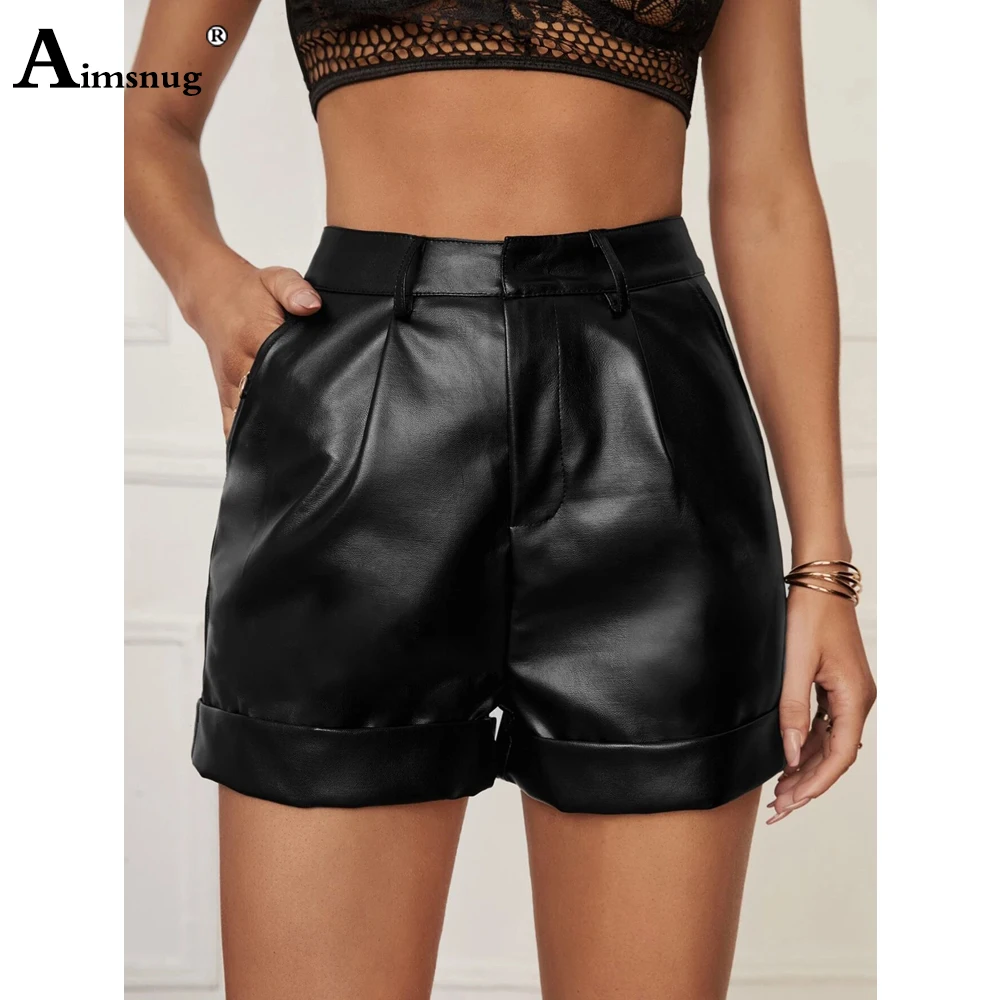 2022 Sexy Fashion Zipper Pocket Shorts Women Faux Pu Leather Shorts High Cut Female Casual All-matched Stand Pocket Hotpants