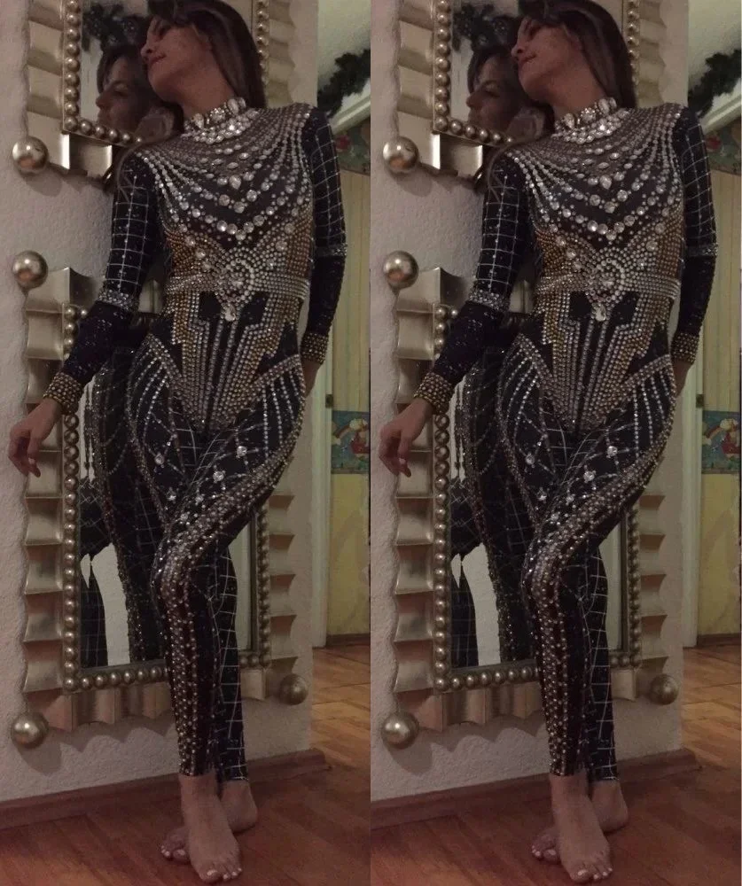 Роскошный сексуальный комбинезон-футляр с блестящими бриллиантами и длинными