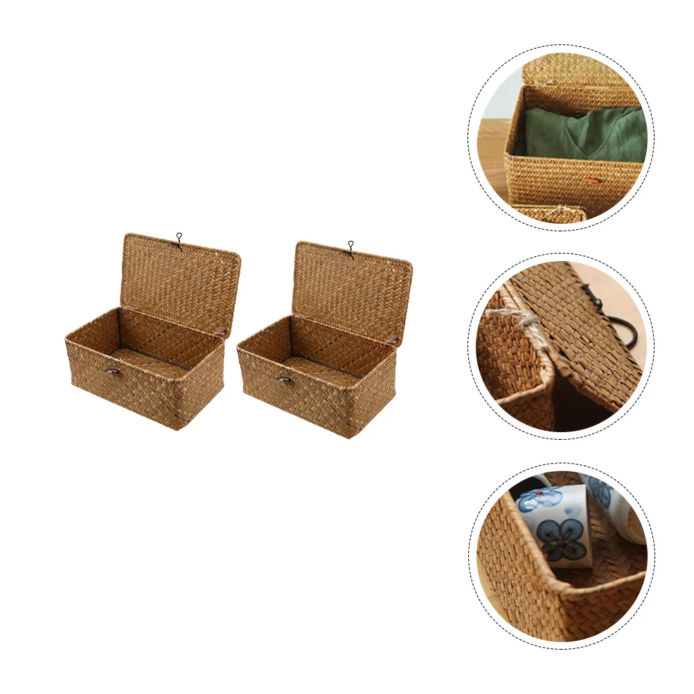 

2 Pcs Rattan Storage Basket Toy Storage Bins Lids Woven Basket Basket Case Woven Basket Lid Seaweed Storage Woven Baskets