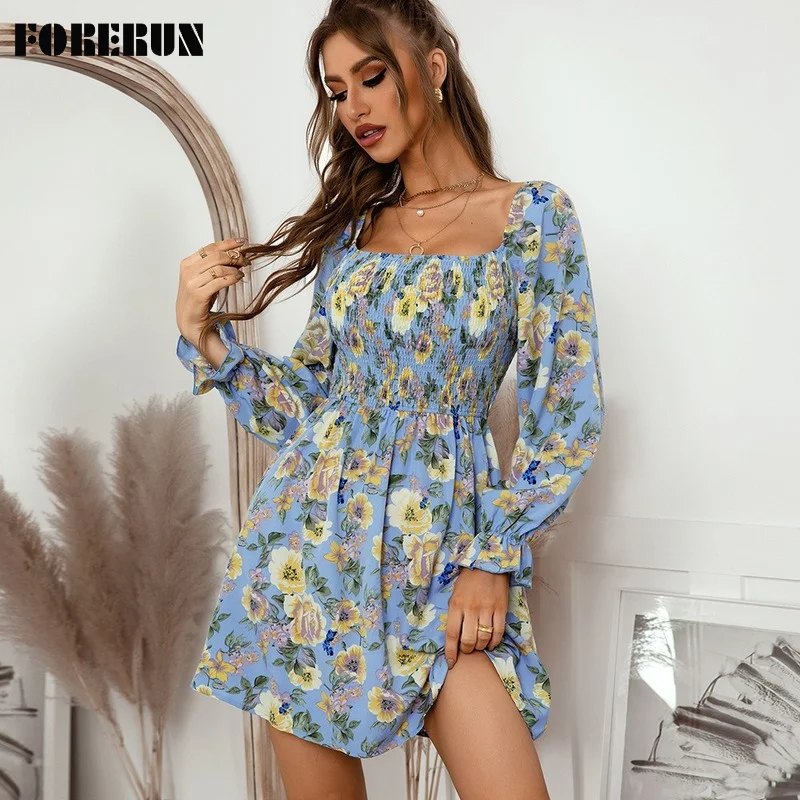 

Женское мини-платье с длинным рукавом FORERUN, летнее платье с цветочным принтом и квадратным воротником, элегантное платье с тонкой талией, ...