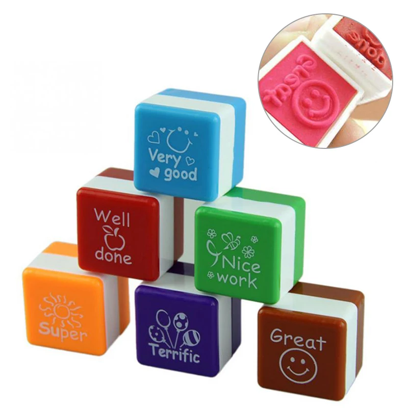 

6pcs cute Kid Stamp English Teacher Comment Stamper Praise Reward Seal Water Self-Inking DIY School Scrapbooking Toys