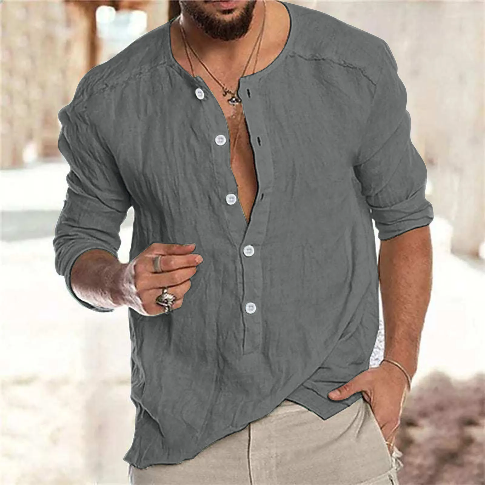 

Shirts For Mens Vintage Fashion Casual Solid Color Cotton And Linen Button V Neck Buckle Long Sleeve Hawaiian Shirt Beach Top 4