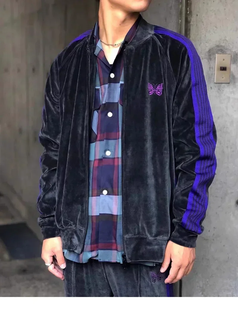 25ss Синие бархатные куртки AWGE Мужская женская куртка в полоску с вышивкой